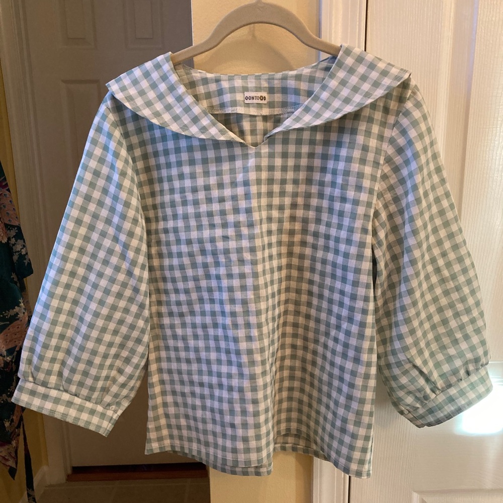 Oontood Green Gingham Puffed Sleeve Top Size Small